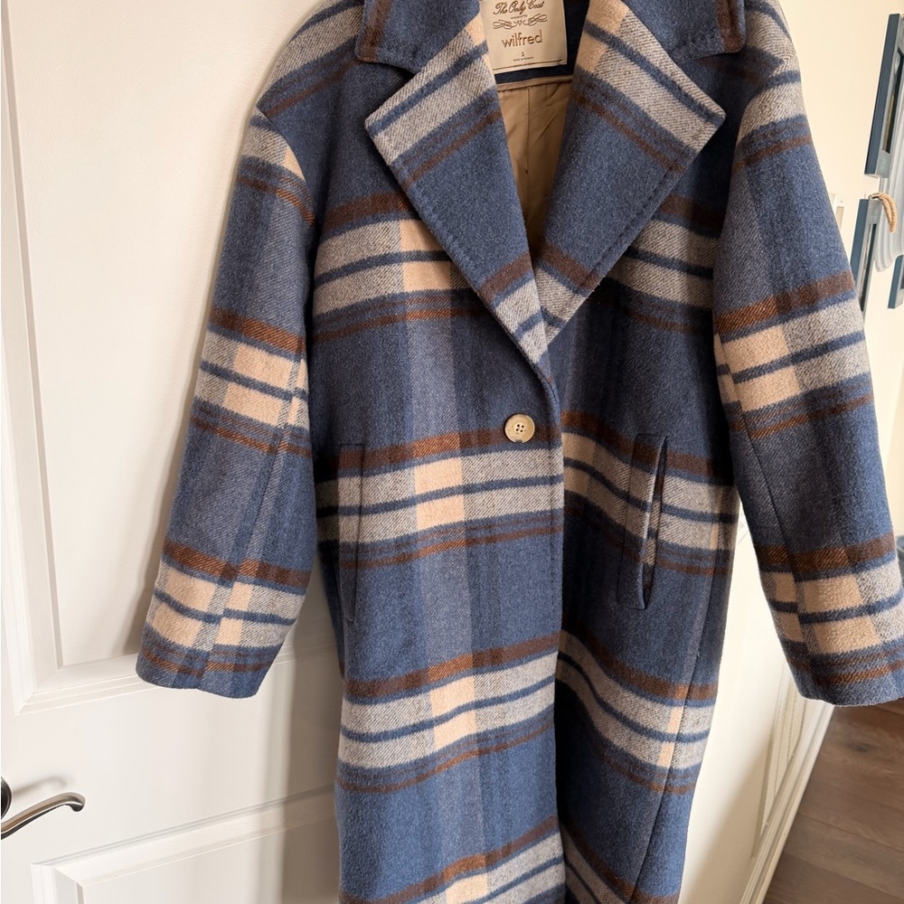 Aritzia the Only coat: Wilfred Blue and Cream Plaid Trench Coat
